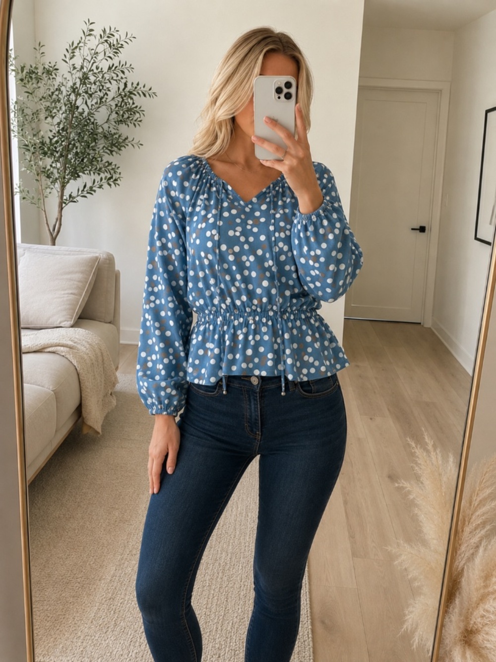 Ellen Tracy Blue Polka Dot Tie Neck Blouse Small